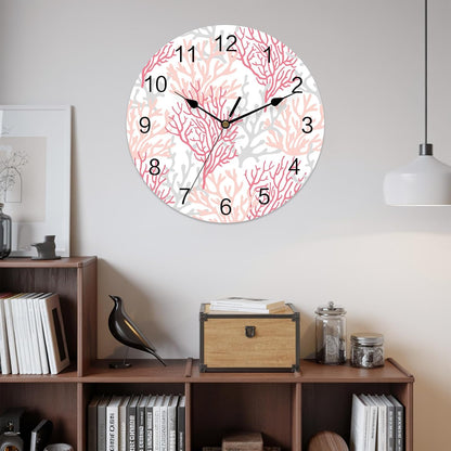 Wall Clock Coral Ocean 12" Round Silent Non-Ticking PVC Clocks Red Pink Grey Battery Operated Round Clock for Living Room Bedroom Office Kitchen Wall Decor