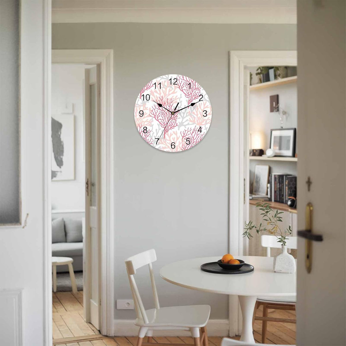 Wall Clock Coral Ocean 12" Round Silent Non-Ticking PVC Clocks Red Pink Grey Battery Operated Round Clock for Living Room Bedroom Office Kitchen Wall Decor