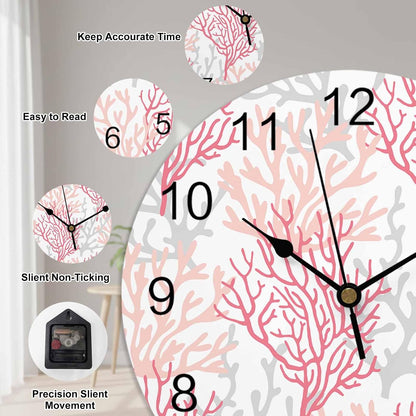 Wall Clock Coral Ocean 12" Round Silent Non-Ticking PVC Clocks Red Pink Grey Battery Operated Round Clock for Living Room Bedroom Office Kitchen Wall Decor