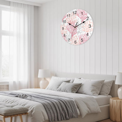 Wall Clock Coral Ocean 12" Round Silent Non-Ticking PVC Clocks Red Pink Grey Battery Operated Round Clock for Living Room Bedroom Office Kitchen Wall Decor