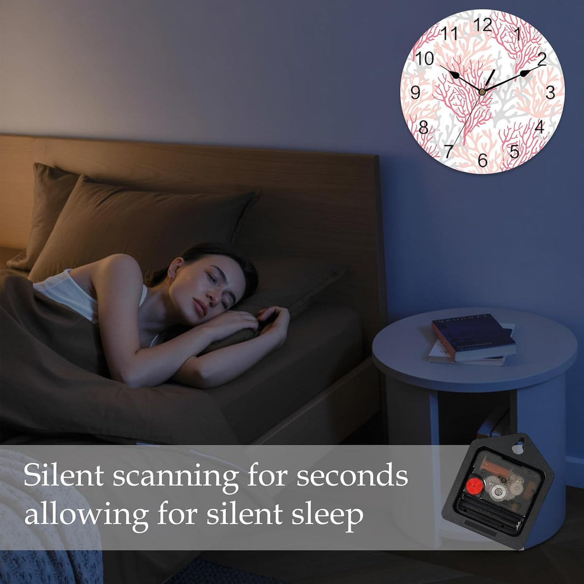 Wall Clock Coral Ocean 12" Round Silent Non-Ticking PVC Clocks Red Pink Grey Battery Operated Round Clock for Living Room Bedroom Office Kitchen Wall Decor