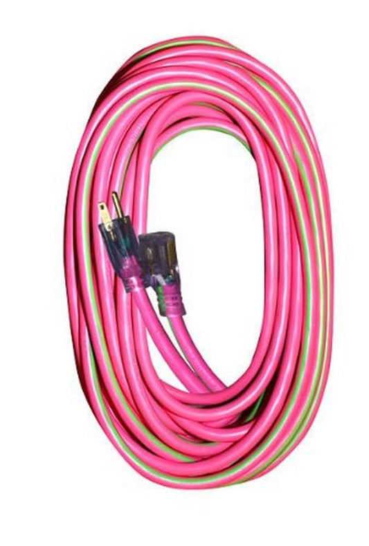 05-00153 12/3 SJTW Outdoor Extension Cord with Lighted End, 100-Foot, Pink with Lime Green Stripe
