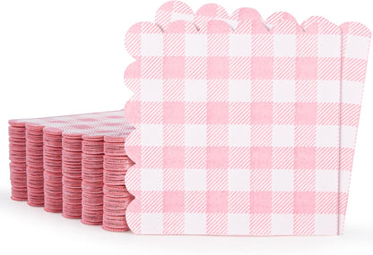 100 Pcs Pink Gingham Napkins, 5 x 5 Inches Scalloped Napkins, Disposable Cocktail Napkins For Wedding Birthday Party Baby Shower Picnic