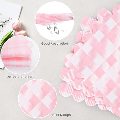 100 Pcs Pink Gingham Napkins, 5 x 5 Inches Scalloped Napkins, Disposable Cocktail Napkins For Wedding Birthday Party Baby Shower Picnic