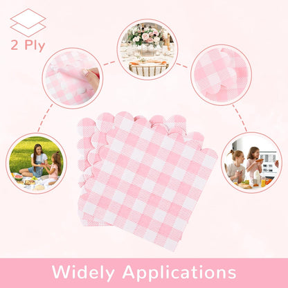 100 Pcs Pink Gingham Napkins, 5 x 5 Inches Scalloped Napkins, Disposable Cocktail Napkins For Wedding Birthday Party Baby Shower Picnic
