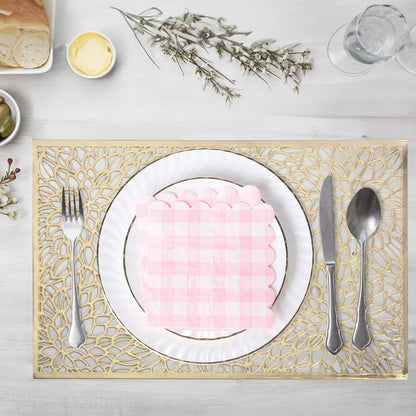 100 Pcs Pink Gingham Napkins, 5 x 5 Inches Scalloped Napkins, Disposable Cocktail Napkins For Wedding Birthday Party Baby Shower Picnic