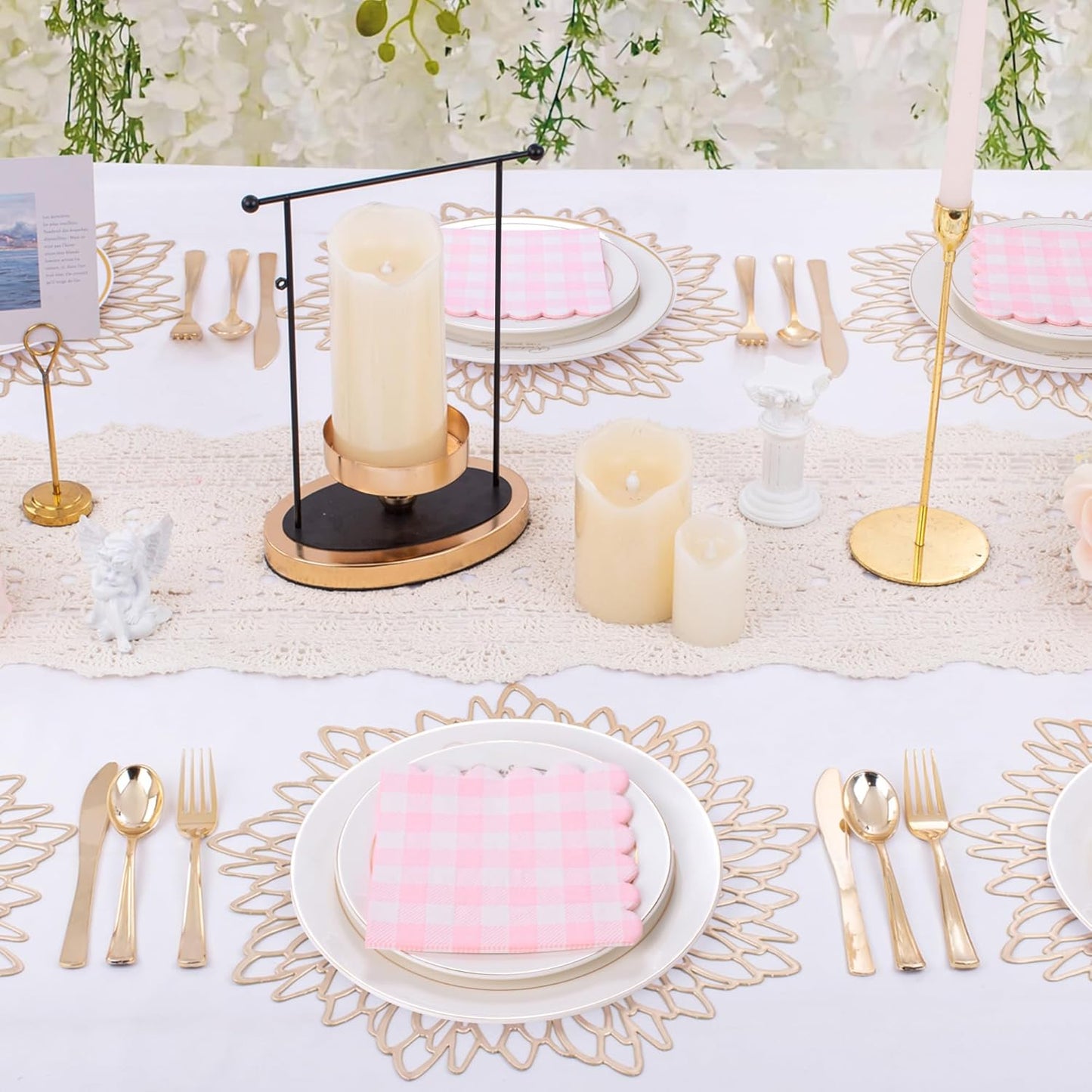 100 Pcs Pink Gingham Napkins, 5 x 5 Inches Scalloped Napkins, Disposable Cocktail Napkins For Wedding Birthday Party Baby Shower Picnic