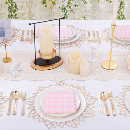 100 Pcs Pink Gingham Napkins, 5 x 5 Inches Scalloped Napkins, Disposable Cocktail Napkins For Wedding Birthday Party Baby Shower Picnic
