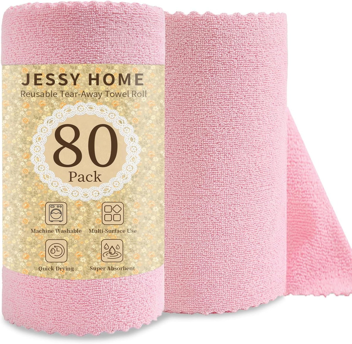 80 Pack Reusable Paper Towels Pink Microfiber Cleaning Cloth Roll 12"x12" Microfiber Towels, Tear Away Cloth for Cars,Wash Cloths,Lint Free Rags for House,Kitchen,Window,Cleaning Supplies