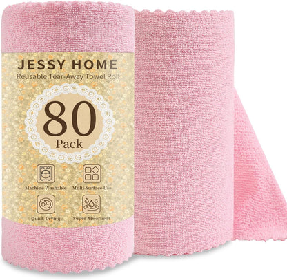 80 Pack Reusable Paper Towels Pink Microfiber Cleaning Cloth Roll 12"x12" Microfiber Towels, Tear Away Cloth for Cars,Wash Cloths,Lint Free Rags for House,Kitchen,Window,Cleaning Supplies