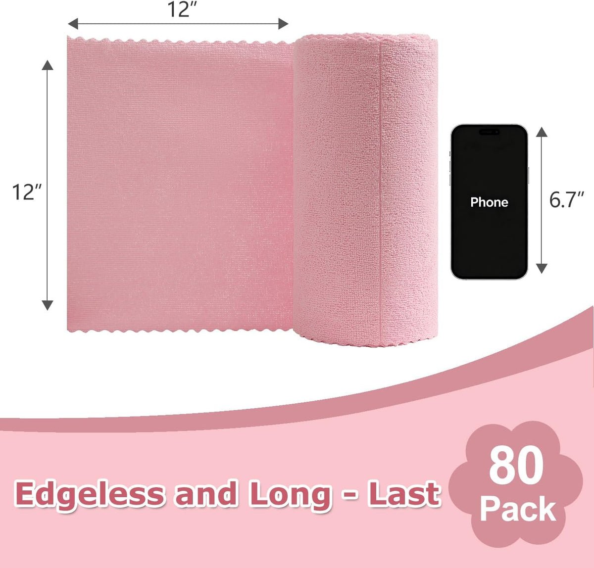 80 Pack Reusable Paper Towels Pink Microfiber Cleaning Cloth Roll 12"x12" Microfiber Towels, Tear Away Cloth for Cars,Wash Cloths,Lint Free Rags for House,Kitchen,Window,Cleaning Supplies