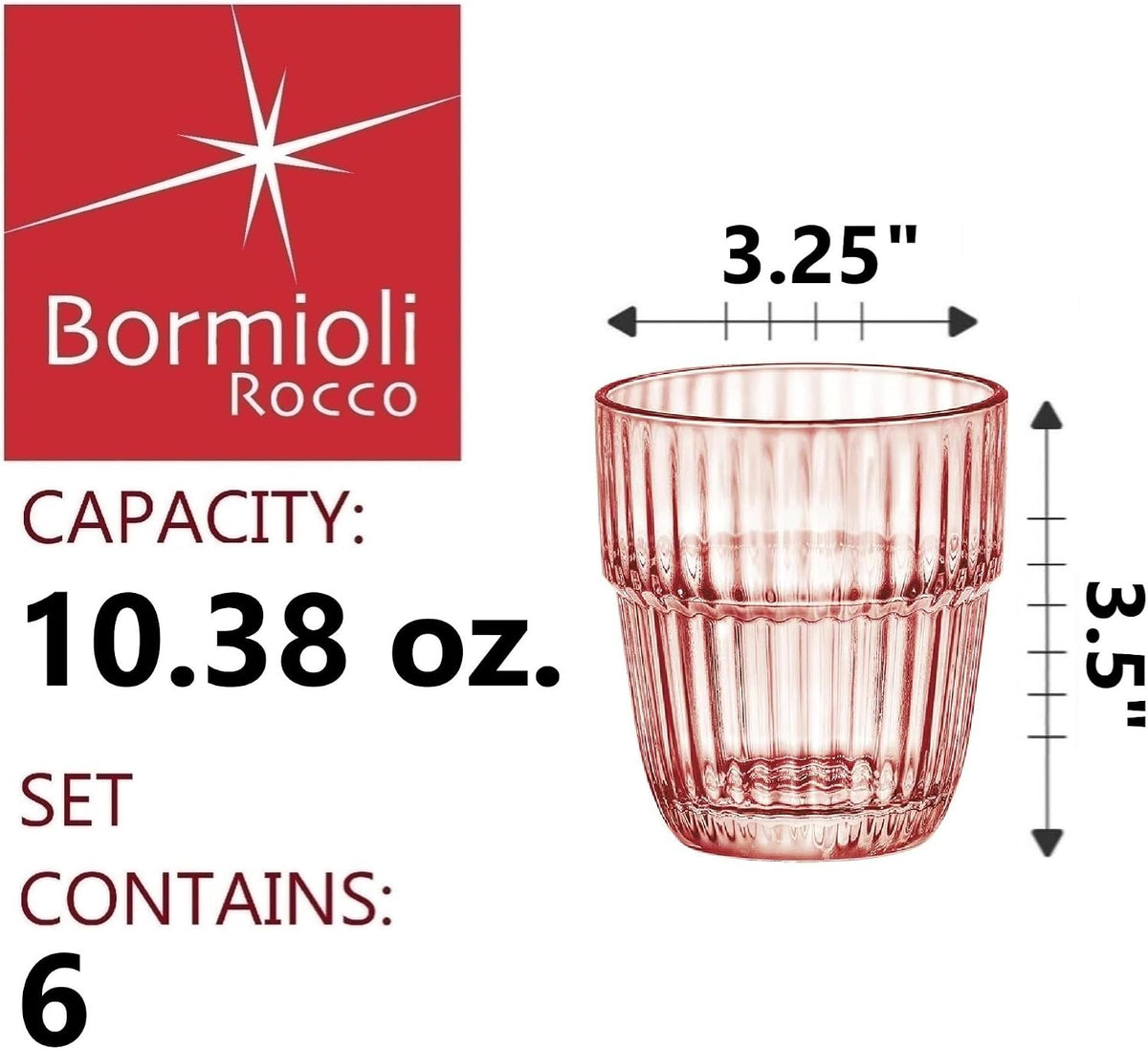 Barshine 10.38 oz. Rocks Stackable Tempered Drinking Glasses, Set of 6, Peach