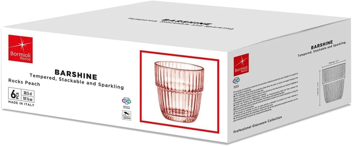 Barshine 10.38 oz. Rocks Stackable Tempered Drinking Glasses, Set of 6, Peach