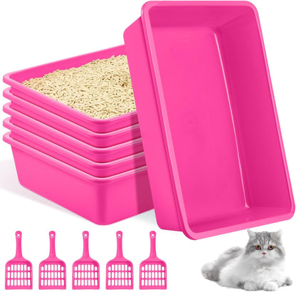 5 Pcs Open Cat Litter Box Kitten Litter Pan with 5 Scooper Medium Plastic Pet Tray Durable Nonstick Kitten Box for Indoor Pets Cats Rabbit Supply Easy to Clean, 14.6x10.6x3.4 Inch (Pink)