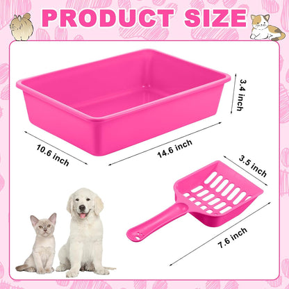 5 Pcs Open Cat Litter Box Kitten Litter Pan with 5 Scooper Medium Plastic Pet Tray Durable Nonstick Kitten Box for Indoor Pets Cats Rabbit Supply Easy to Clean, 14.6x10.6x3.4 Inch (Pink)