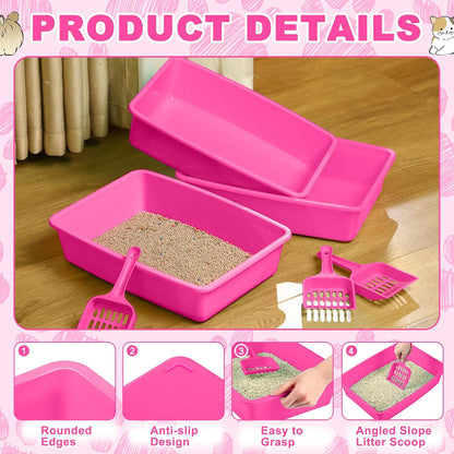 5 Pcs Open Cat Litter Box Kitten Litter Pan with 5 Scooper Medium Plastic Pet Tray Durable Nonstick Kitten Box for Indoor Pets Cats Rabbit Supply Easy to Clean, 14.6x10.6x3.4 Inch (Pink)