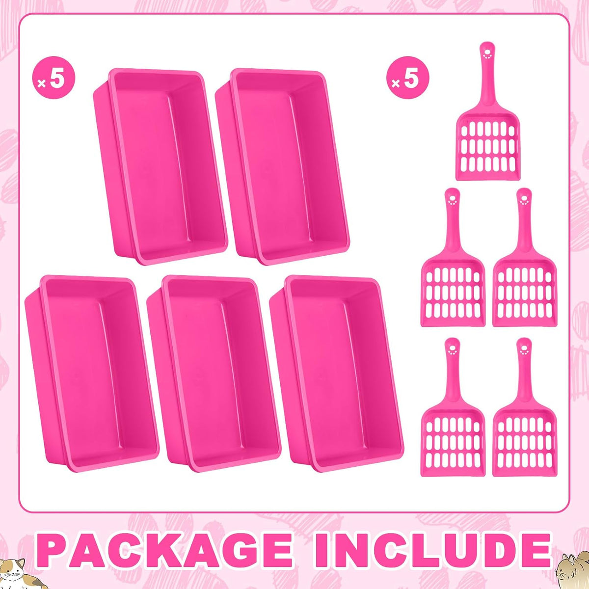 5 Pcs Open Cat Litter Box Kitten Litter Pan with 5 Scooper Medium Plastic Pet Tray Durable Nonstick Kitten Box for Indoor Pets Cats Rabbit Supply Easy to Clean, 14.6x10.6x3.4 Inch (Pink)