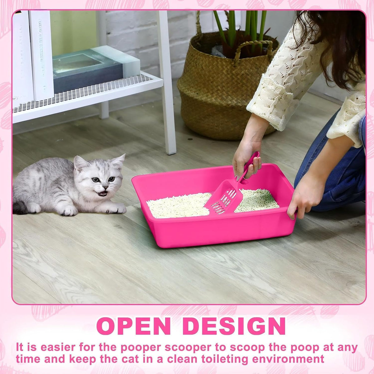 5 Pcs Open Cat Litter Box Kitten Litter Pan with 5 Scooper Medium Plastic Pet Tray Durable Nonstick Kitten Box for Indoor Pets Cats Rabbit Supply Easy to Clean, 14.6x10.6x3.4 Inch (Pink)