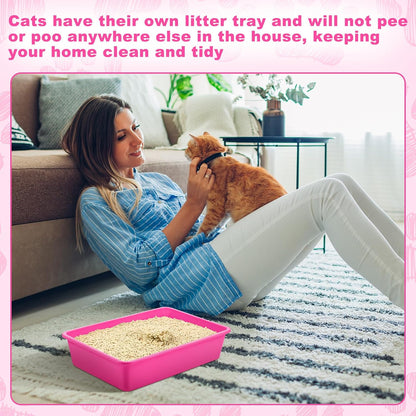 5 Pcs Open Cat Litter Box Kitten Litter Pan with 5 Scooper Medium Plastic Pet Tray Durable Nonstick Kitten Box for Indoor Pets Cats Rabbit Supply Easy to Clean, 14.6x10.6x3.4 Inch (Pink)