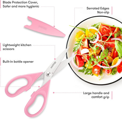 iBayam Pink Kitchen Scissors All Purpose Heavy Duty & Comfort Grip & Cover