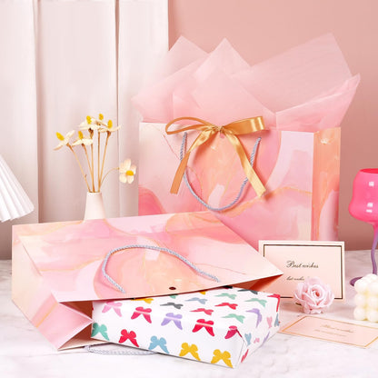 Pink Gift Bags, 2PCS 13” Large Gift Bags with Tissue Paper and Greeting Cards, Gift Bag with Handles Bow for Women Girls, Pink Gift Bags for Birthday Wedding Bridal Baby Shower Anniversaries