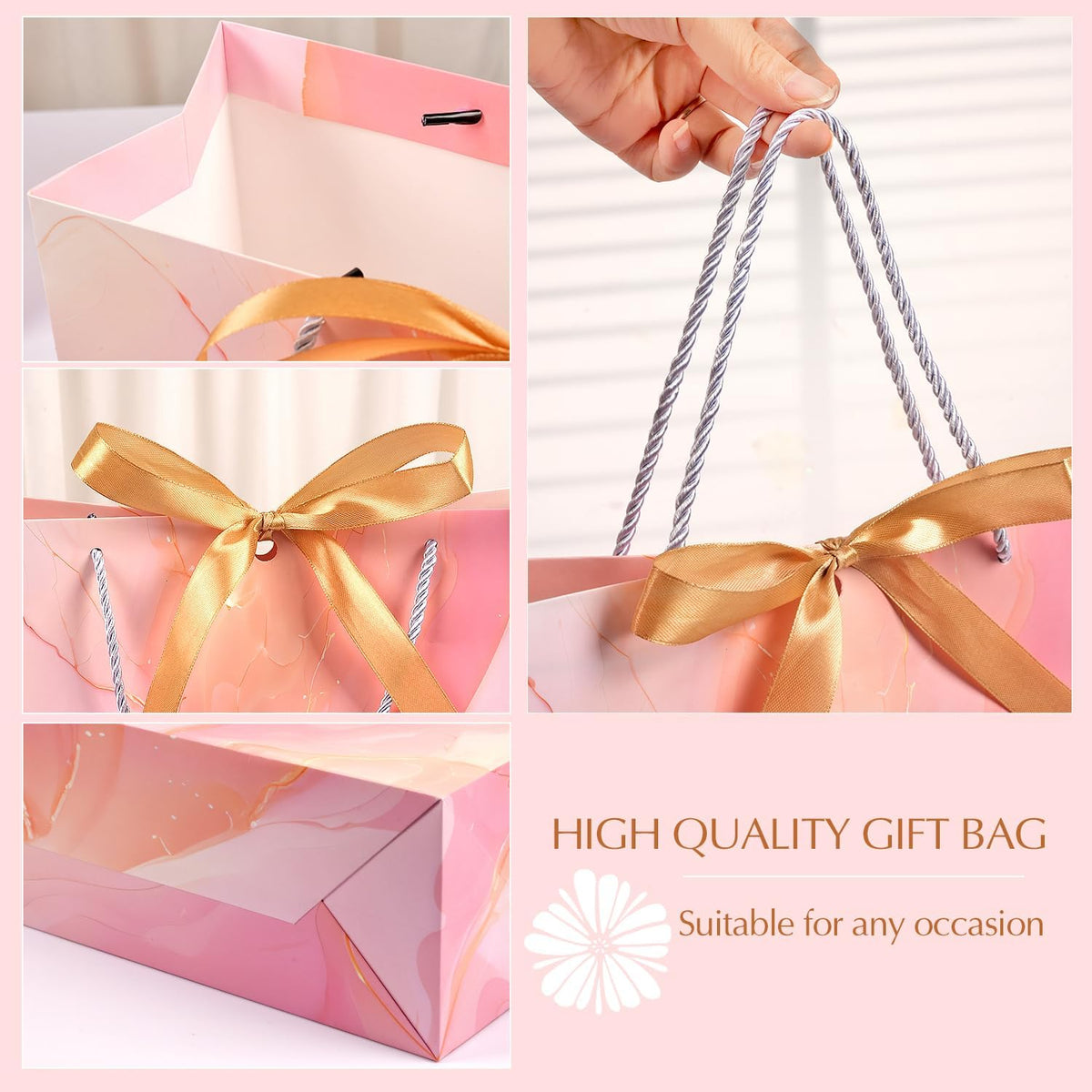 Pink Gift Bags, 2PCS 13” Large Gift Bags with Tissue Paper and Greeting Cards, Gift Bag with Handles Bow for Women Girls, Pink Gift Bags for Birthday Wedding Bridal Baby Shower Anniversaries