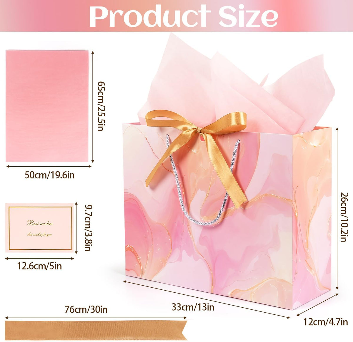 Pink Gift Bags, 2PCS 13” Large Gift Bags with Tissue Paper and Greeting Cards, Gift Bag with Handles Bow for Women Girls, Pink Gift Bags for Birthday Wedding Bridal Baby Shower Anniversaries