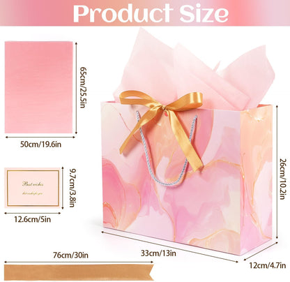Pink Gift Bags, 2PCS 13” Large Gift Bags with Tissue Paper and Greeting Cards, Gift Bag with Handles Bow for Women Girls, Pink Gift Bags for Birthday Wedding Bridal Baby Shower Anniversaries