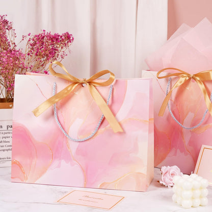 Pink Gift Bags, 2PCS 13” Large Gift Bags with Tissue Paper and Greeting Cards, Gift Bag with Handles Bow for Women Girls, Pink Gift Bags for Birthday Wedding Bridal Baby Shower Anniversaries
