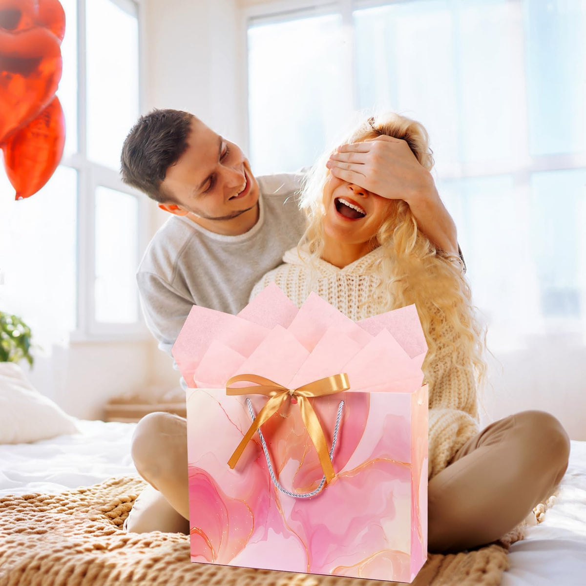 Pink Gift Bags, 2PCS 13” Large Gift Bags with Tissue Paper and Greeting Cards, Gift Bag with Handles Bow for Women Girls, Pink Gift Bags for Birthday Wedding Bridal Baby Shower Anniversaries