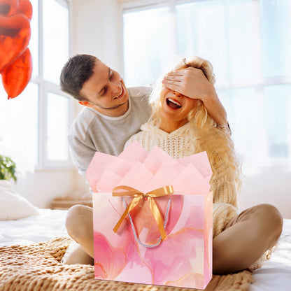 Pink Gift Bags, 2PCS 13” Large Gift Bags with Tissue Paper and Greeting Cards, Gift Bag with Handles Bow for Women Girls, Pink Gift Bags for Birthday Wedding Bridal Baby Shower Anniversaries