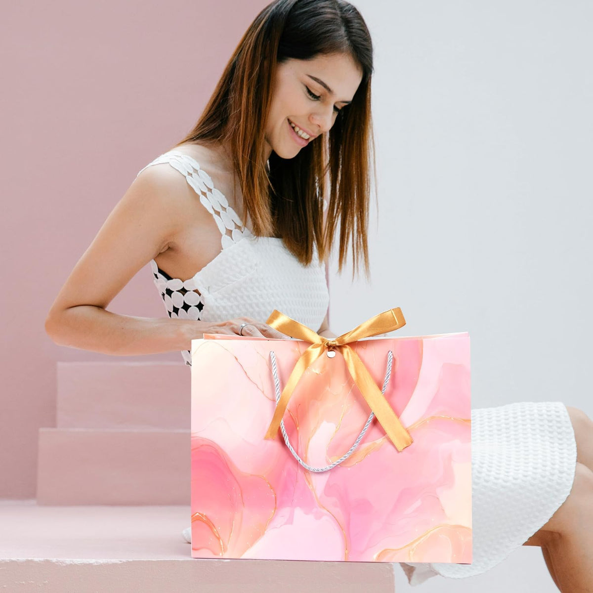 Pink Gift Bags, 2PCS 13” Large Gift Bags with Tissue Paper and Greeting Cards, Gift Bag with Handles Bow for Women Girls, Pink Gift Bags for Birthday Wedding Bridal Baby Shower Anniversaries