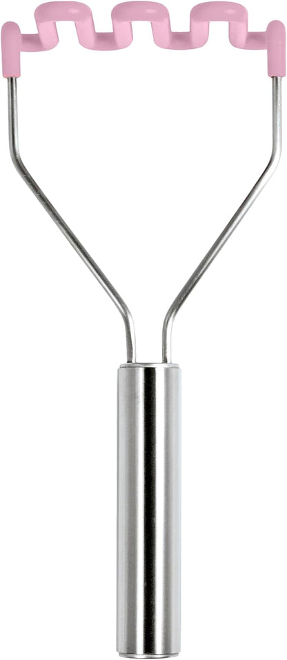 Silicone Potato Masher Stainless Steel Handle Pink Sorbet Dishwasher Safe Heat Resistant Non Scratch Handheld Coil Wire Potato Smasher for Nonstick Pans Ergonomic Kitchen Food Prep Tool