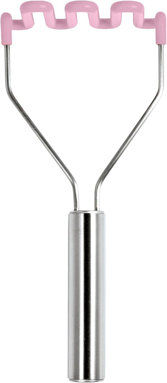 Silicone Potato Masher Stainless Steel Handle Pink Sorbet Dishwasher Safe Heat Resistant Non Scratch Handheld Coil Wire Potato Smasher for Nonstick Pans Ergonomic Kitchen Food Prep Tool