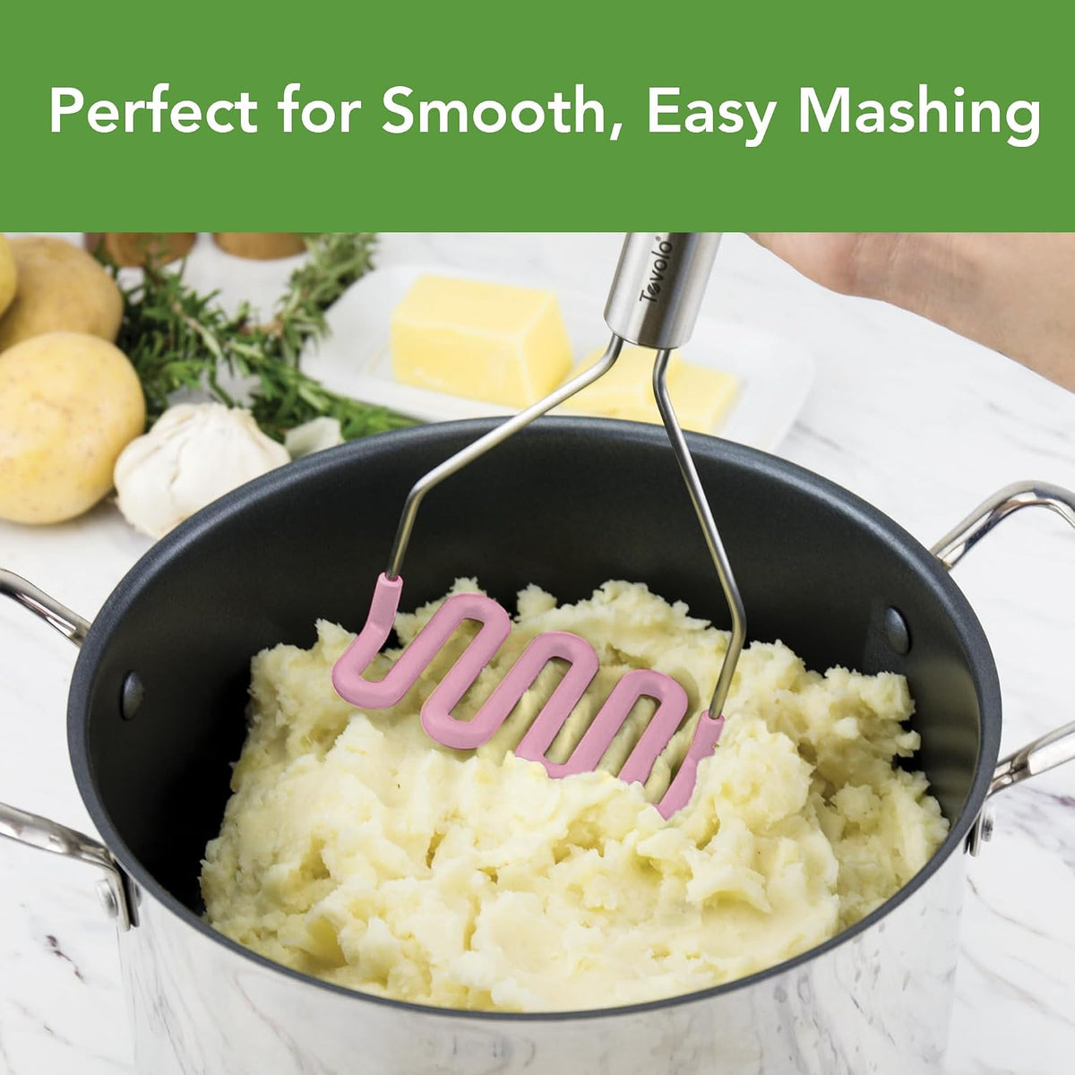 Silicone Potato Masher Stainless Steel Handle Pink Sorbet Dishwasher Safe Heat Resistant Non Scratch Handheld Coil Wire Potato Smasher for Nonstick Pans Ergonomic Kitchen Food Prep Tool