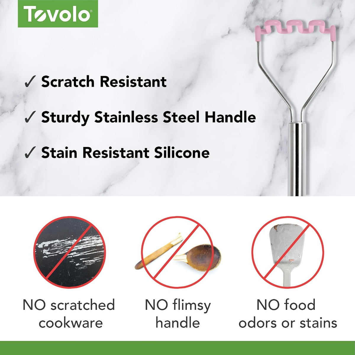 Silicone Potato Masher Stainless Steel Handle Pink Sorbet Dishwasher Safe Heat Resistant Non Scratch Handheld Coil Wire Potato Smasher for Nonstick Pans Ergonomic Kitchen Food Prep Tool