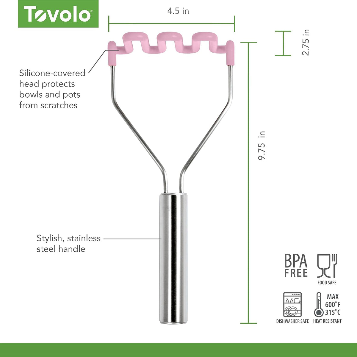 Silicone Potato Masher Stainless Steel Handle Pink Sorbet Dishwasher Safe Heat Resistant Non Scratch Handheld Coil Wire Potato Smasher for Nonstick Pans Ergonomic Kitchen Food Prep Tool