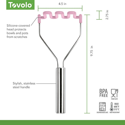 Silicone Potato Masher Stainless Steel Handle Pink Sorbet Dishwasher Safe Heat Resistant Non Scratch Handheld Coil Wire Potato Smasher for Nonstick Pans Ergonomic Kitchen Food Prep Tool
