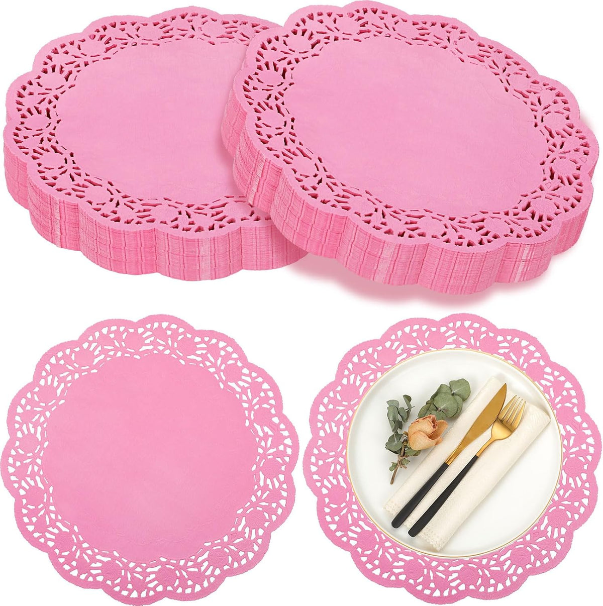 200 Pcs Lace Paper Doilies 14 Inch Round Foil Placemats, Pink