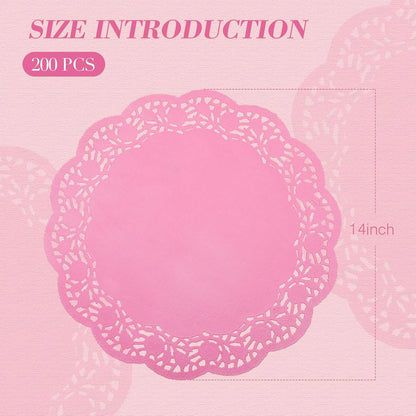 200 Pcs Lace Paper Doilies 14 Inch Round Foil Placemats, Pink