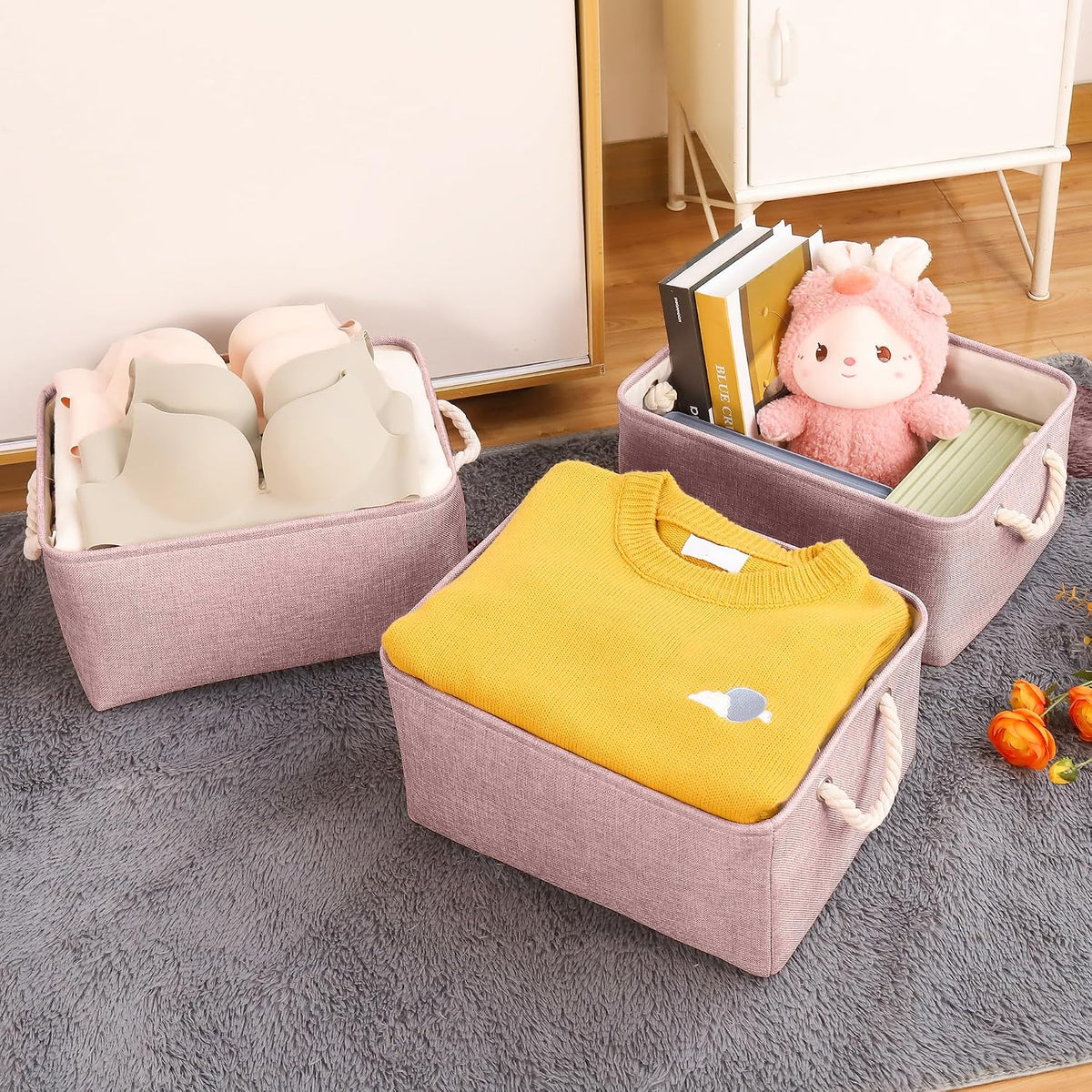 Storage Bins with Sturdy Cotton Handles(1 Pack), Fabric Storage Baskets for Organizing use for Office & Home, Book, Clothes, Toys, Closet Boxes (Small, Pink, 12.2x8.3x6.3 inches)