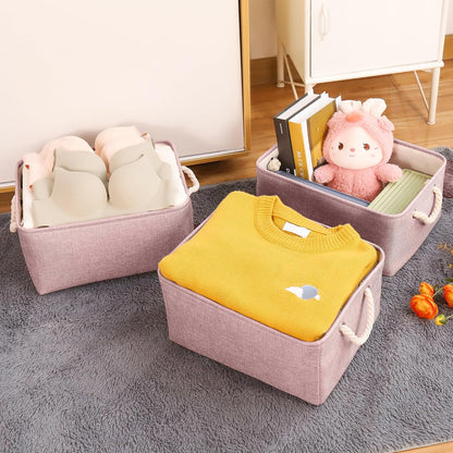 Storage Bins with Sturdy Cotton Handles(1 Pack), Fabric Storage Baskets for Organizing use for Office & Home, Book, Clothes, Toys, Closet Boxes (Small, Pink, 12.2x8.3x6.3 inches)