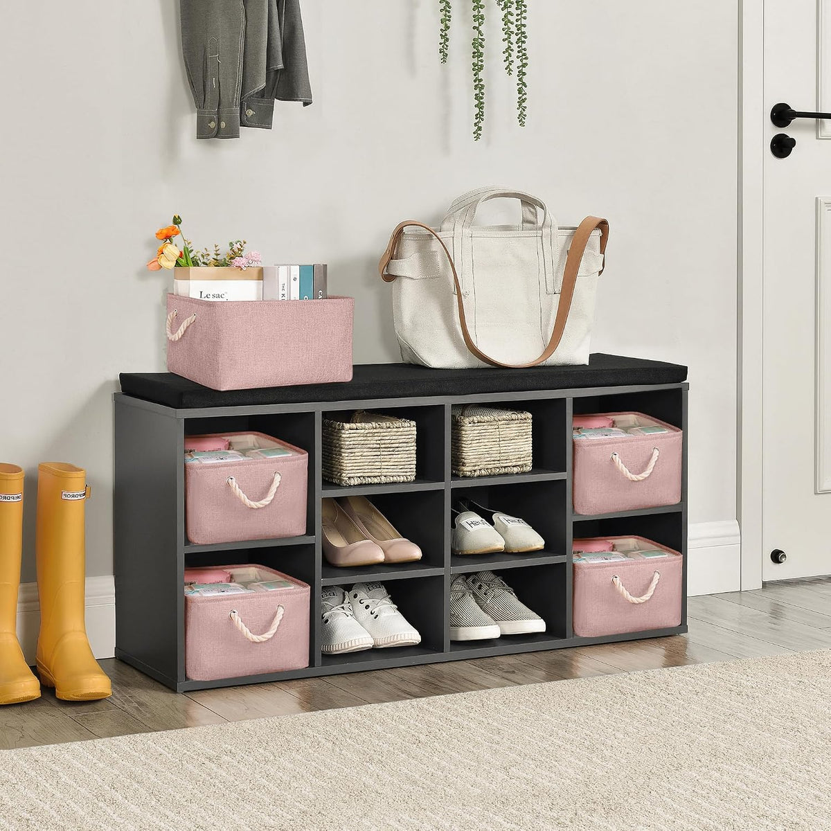 Storage Bins with Sturdy Cotton Handles(1 Pack), Fabric Storage Baskets for Organizing use for Office & Home, Book, Clothes, Toys, Closet Boxes (Small, Pink, 12.2x8.3x6.3 inches)