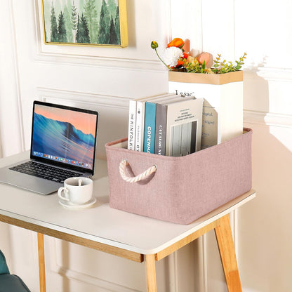Storage Bins with Sturdy Cotton Handles(1 Pack), Fabric Storage Baskets for Organizing use for Office & Home, Book, Clothes, Toys, Closet Boxes (Small, Pink, 12.2x8.3x6.3 inches)