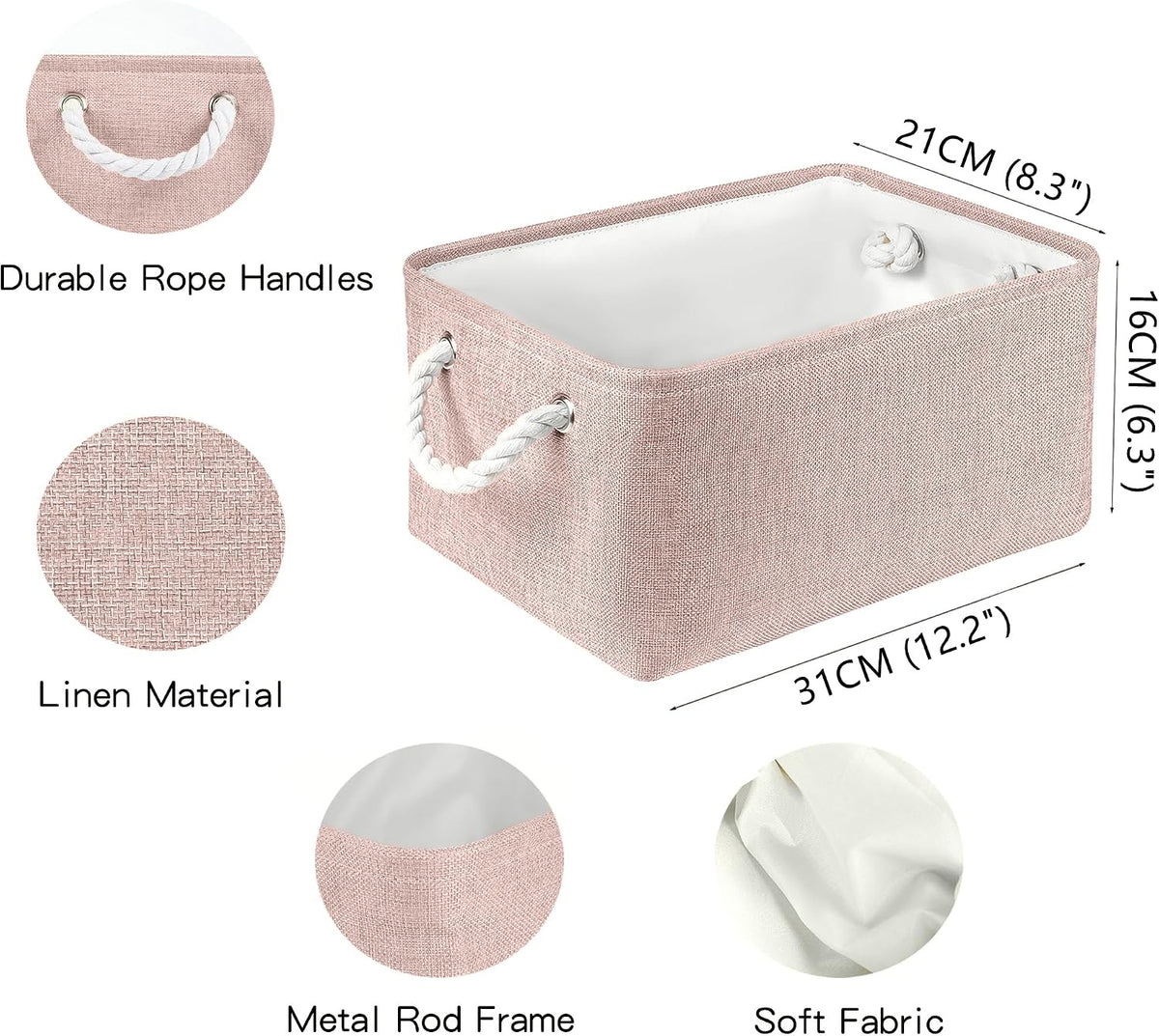 Storage Bins with Sturdy Cotton Handles(1 Pack), Fabric Storage Baskets for Organizing use for Office & Home, Book, Clothes, Toys, Closet Boxes (Small, Pink, 12.2x8.3x6.3 inches)