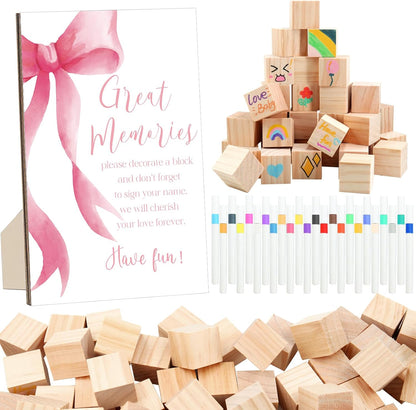 97 Pcs Pink Bow Baby Shower Games Sign Kit,Pink Bow Party Decoration,Including Game Sign 72 DIY Blank Wooden Block 24 Pen to Draw Your Idea for Baby Shower Party Game Gender Reveal Party