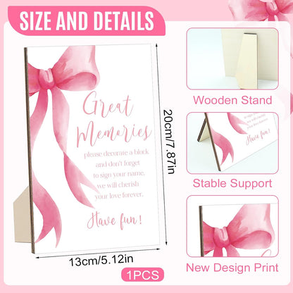 97 Pcs Pink Bow Baby Shower Games Sign Kit,Pink Bow Party Decoration,Including Game Sign 72 DIY Blank Wooden Block 24 Pen to Draw Your Idea for Baby Shower Party Game Gender Reveal Party
