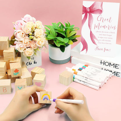 97 Pcs Pink Bow Baby Shower Games Sign Kit,Pink Bow Party Decoration,Including Game Sign 72 DIY Blank Wooden Block 24 Pen to Draw Your Idea for Baby Shower Party Game Gender Reveal Party