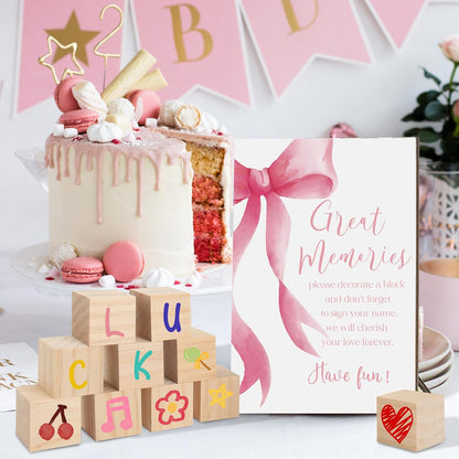 97 Pcs Pink Bow Baby Shower Games Sign Kit,Pink Bow Party Decoration,Including Game Sign 72 DIY Blank Wooden Block 24 Pen to Draw Your Idea for Baby Shower Party Game Gender Reveal Party