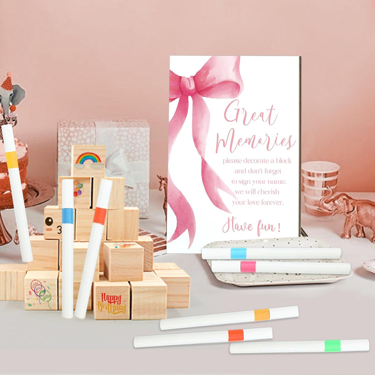 97 Pcs Pink Bow Baby Shower Games Sign Kit,Pink Bow Party Decoration,Including Game Sign 72 DIY Blank Wooden Block 24 Pen to Draw Your Idea for Baby Shower Party Game Gender Reveal Party